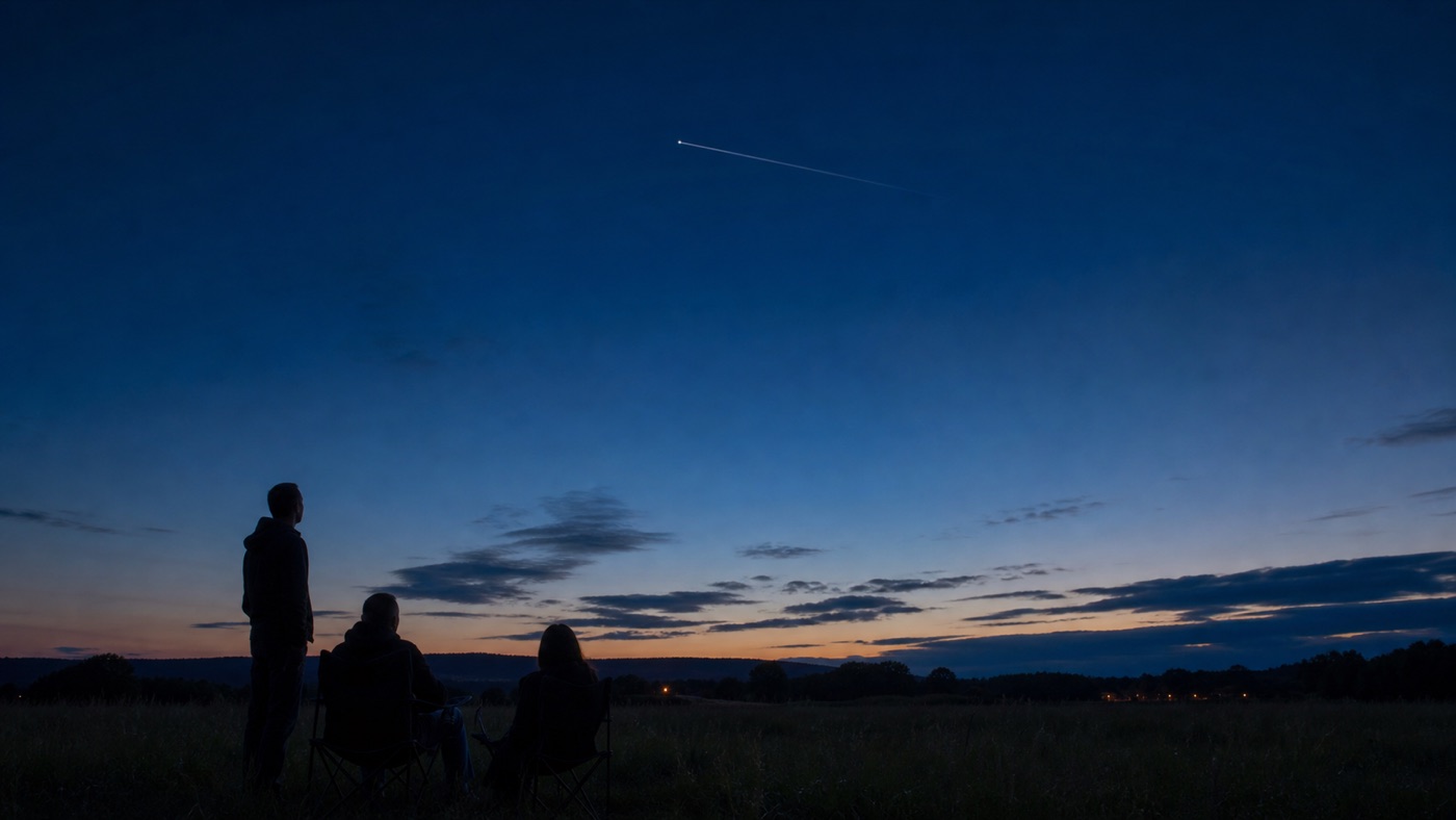 Stargazing scene showing people watching a bright moving light after sunset.